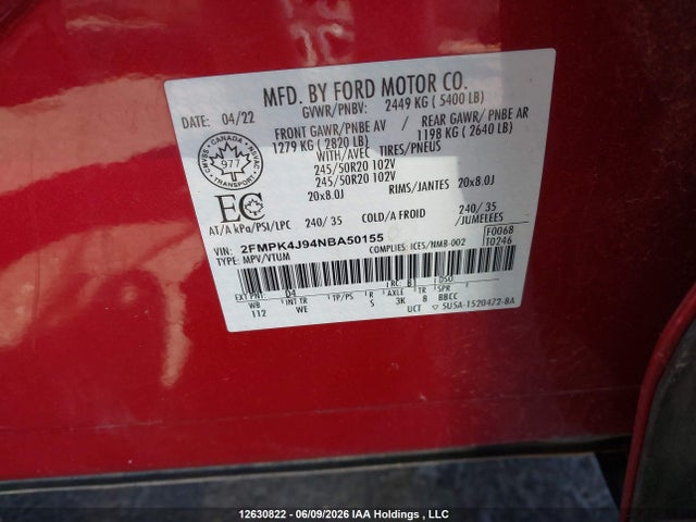 12630822 :رقم المزاد ، 2FMPK4J94NBA50155 vin ، 2022 Ford Edge St Line مزاد بيع