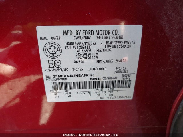 12630822 :رقم المزاد ، 2FMPK4J94NBA50155 vin ، 2022 Ford Edge St Line مزاد بيع