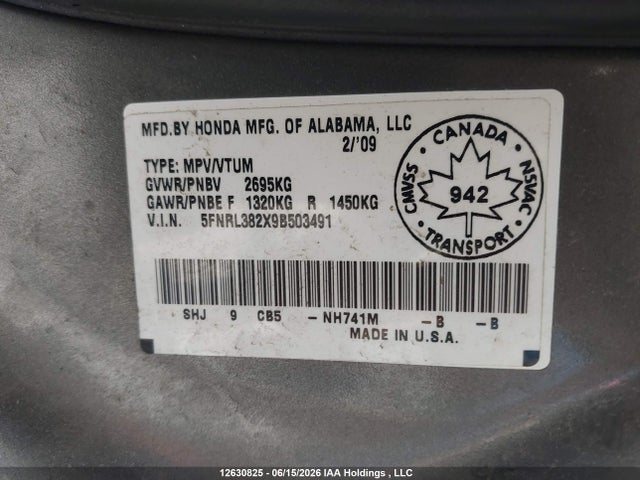 Продаж на аукціоні авто 2009 Honda Odyssey Lx, vin: 5FNRL382X9B503491, номер лоту: 12630825