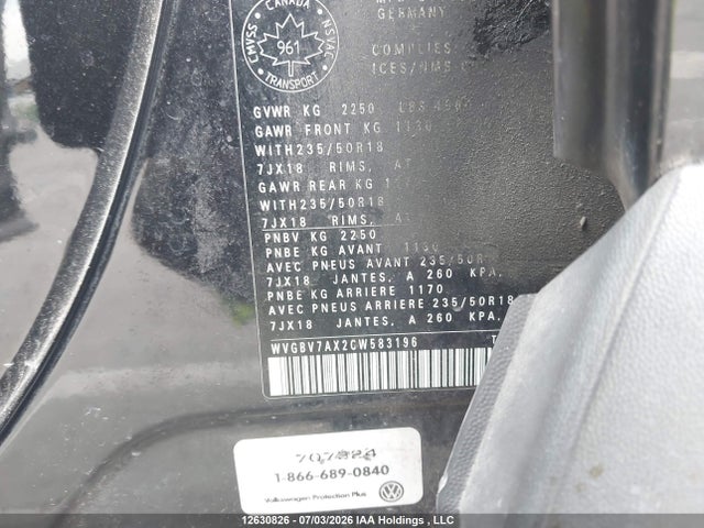 Aukcja sprzedaży 2012 Volkswagen Tiguan, vin: WVGBV7AX2CW583196, numer aukcji: 12630826