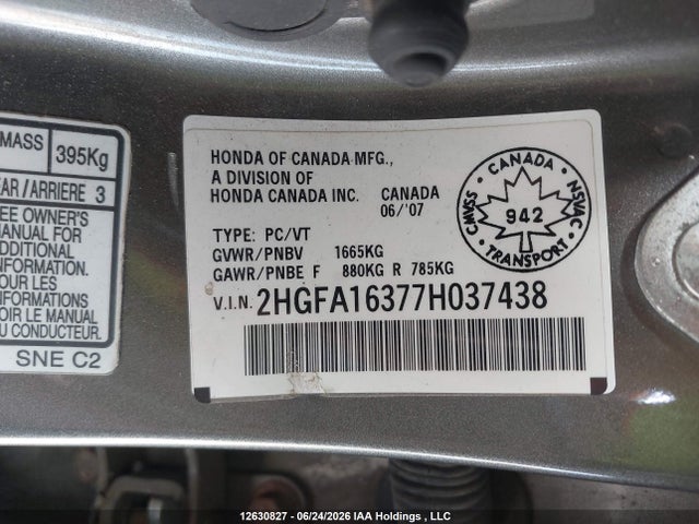 Продажа на аукционе авто 2007 Honda Civic Sdn, vin: 2HGFA16377H037438, номер лота: 12630827