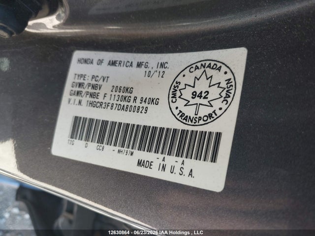 Продажа на аукционе авто 2013 Honda Accord Exl, vin: 1HGCR3F87DA800829, номер лота: 12630864