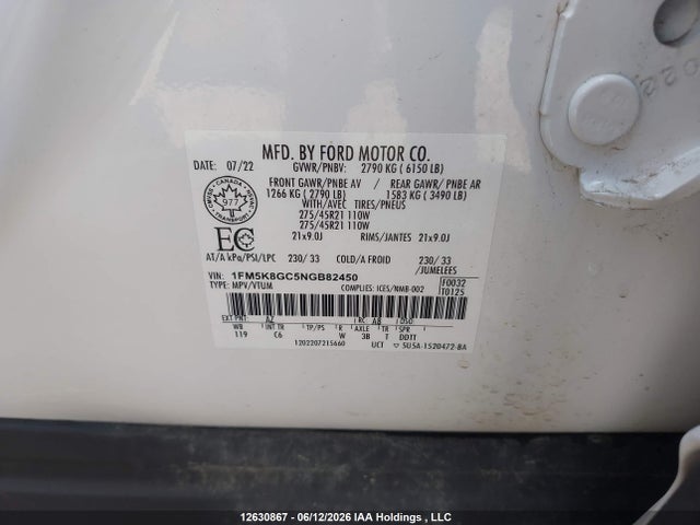 Продаж на аукціоні авто 2022 Ford Explorer, vin: 1FM5K8GC5NGB82450, номер лоту: 12630867