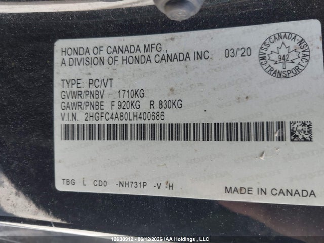 2020 Honda Civic Sport მანქანა იყიდება აუქციონზე, vin: 2HGFC4A80LH400686, აუქციონის ნომერი: 12630912
