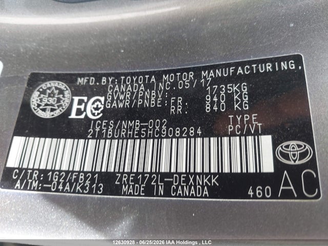 12630928 :رقم المزاد ، 2T1BURHE5HC908284 vin ، 2017 Toyota Corolla L/le/xle/se/xse مزاد بيع