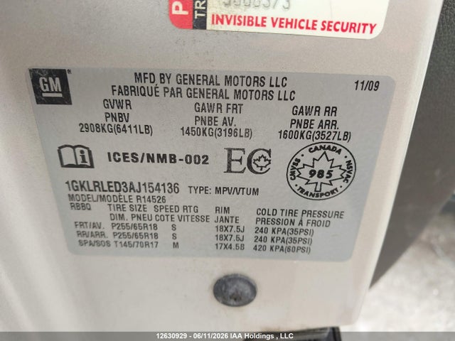 Aukcja sprzedaży 2010 Gmc Acadia Sle, vin: 1GKLRLED3AJ154136, numer aukcji: 12630929