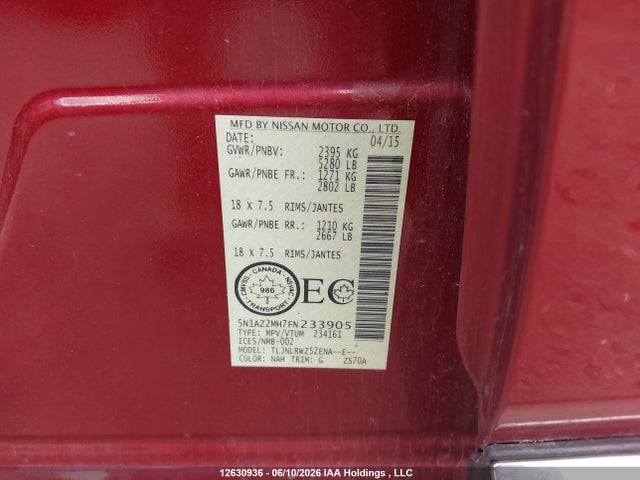 Продаж на аукціоні авто 2015 Nissan Murano Platinum/sl/sv, vin: 5N1AZ2MH7FN233905, номер лоту: 12630936
