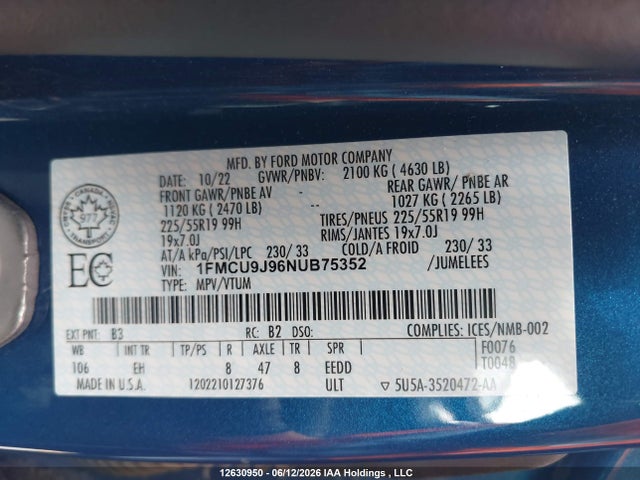 2022 Ford Escape Titanium მანქანა იყიდება აუქციონზე, vin: 1FMCU9J96NUB75352, აუქციონის ნომერი: 12630950