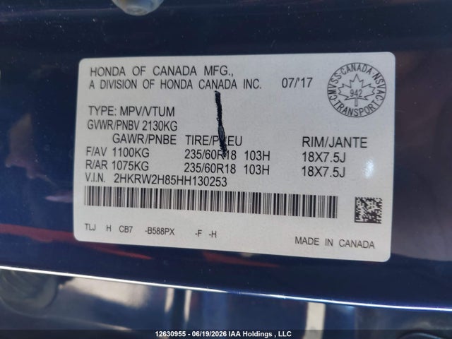 2017 Honda Cr-v Ex-l მანქანა იყიდება აუქციონზე, vin: 2HKRW2H85HH130253, აუქციონის ნომერი: 12630955