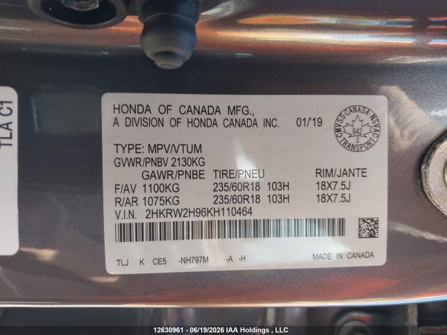 Продаж на аукціоні авто 2019 Honda Cr-v Touring, vin: 2HKRW2H96KH110464, номер лоту: 12630961