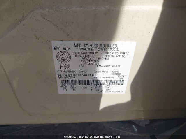 Lincoln Mkx Reserve 2016 2LMTJ8LR5GBL67584 Image 9