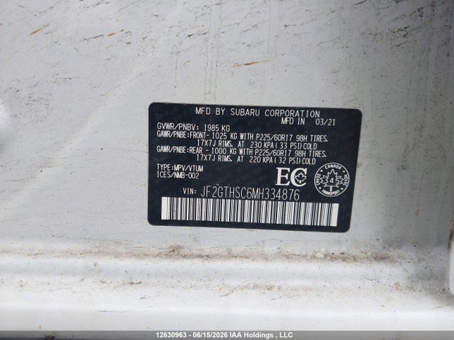Aukcja sprzedaży 2021 Subaru Crosstrek Outdoor, vin: JF2GTHSC6MH334876, numer aukcji: 12630963