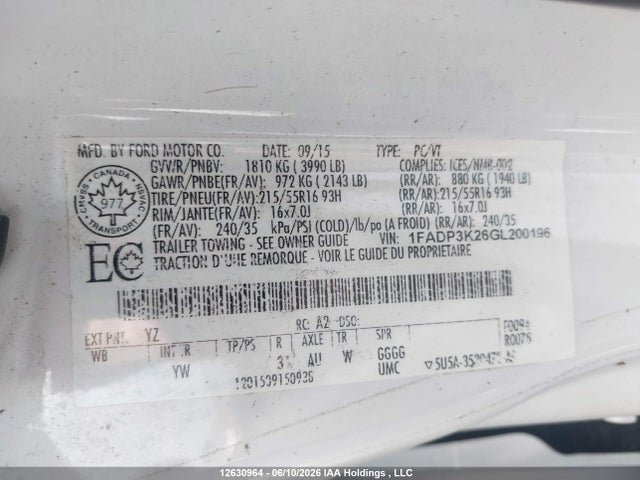 12630964 :رقم المزاد ، 1FADP3K26GL200196 vin ، 2016 Ford Focus مزاد بيع