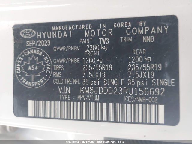 2024 Hyundai Tucson Ultimate Plug-in Hybrid Awd მანქანა იყიდება აუქციონზე, vin: KM8JDDD23RU156692, აუქციონის ნომერი: 12630984