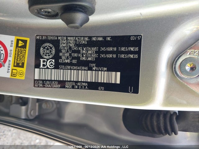 Aukcja sprzedaży 2017 Toyota Highlander Se/xle, vin: 5TDJZRFH3HS403846, numer aukcji: 12631009