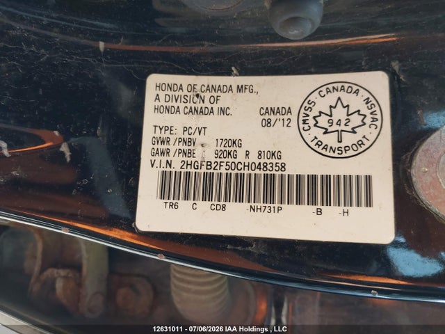 12631011 :رقم المزاد ، 2HGFB2F50CH048358 vin ، 2012 Honda Civic Ex 4dr مزاد بيع