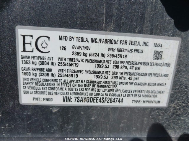 Aukcja sprzedaży 2025 Tesla Model Y Long Range, vin: 7SAYGDEE4SF264744, numer aukcji: 12631015