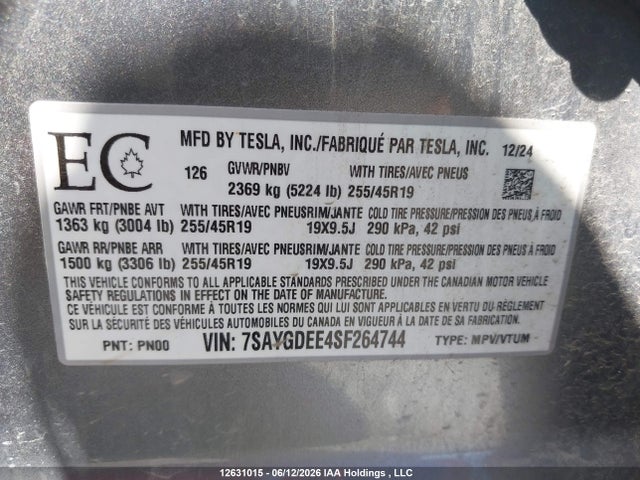 Aukcja sprzedaży 2025 Tesla Model Y Long Range, vin: 7SAYGDEE4SF264744, numer aukcji: 12631015