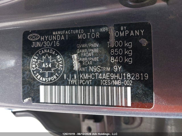 12631019 :رقم المزاد ، KMHCT4AE9HU182819 vin ، 2017 Hyundai Accent Se مزاد بيع