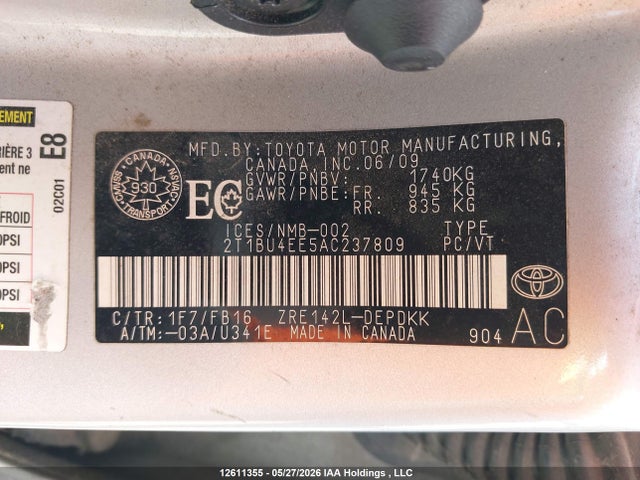12611355 :رقم المزاد ، 2T1BU4EE5AC237809 vin ، 2010 Toyota Corolla Ce مزاد بيع