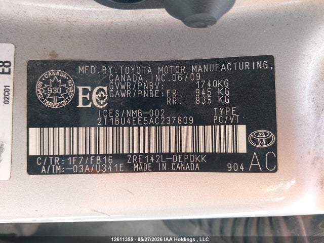 12611355 :رقم المزاد ، 2T1BU4EE5AC237809 vin ، 2010 Toyota Corolla Ce مزاد بيع