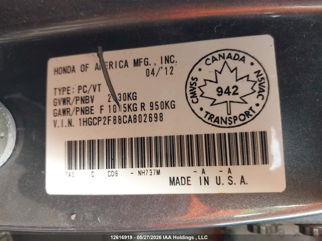 Auction sale of the 2012 Honda Accord Sedan, vin: 1HGCP2F88CA802698, lot number: 12616919