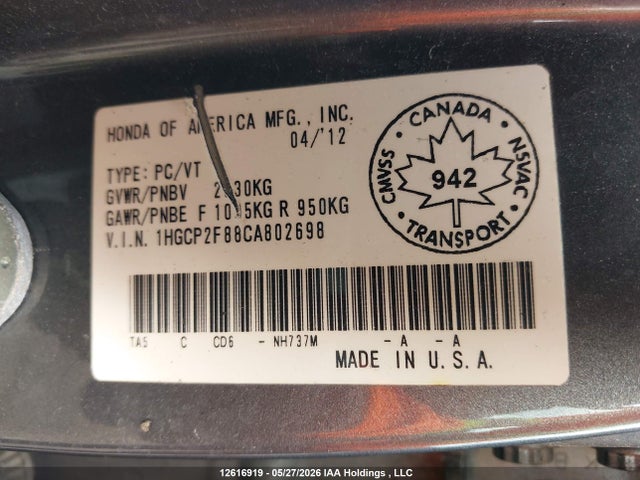 Auction sale of the 2012 Honda Accord Sedan, vin: 1HGCP2F88CA802698, lot number: 12616919