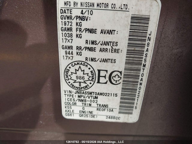 12610782 :رقم المزاد ، JN8AS5MT0AW022115 vin ، 2010 Nissan Rogue Sl مزاد بيع