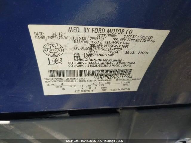 Продаж на аукціоні авто 2013 Ford Taurus, vin: 1FAHP2H87DG115606, номер лоту: 12631024