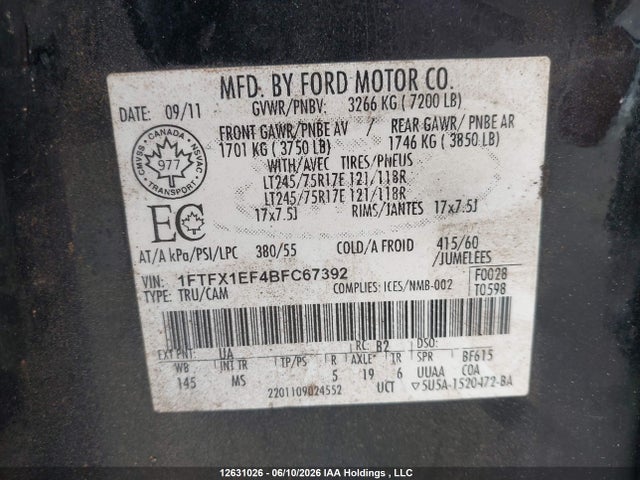 12631026 :رقم المزاد ، 1FTFX1EF4BFC67392 vin ، 2011 Ford F150 Super Cab مزاد بيع