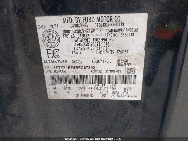 12631026 :رقم المزاد ، 1FTFX1EF4BFC67392 vin ، 2011 Ford F150 Super Cab مزاد بيع