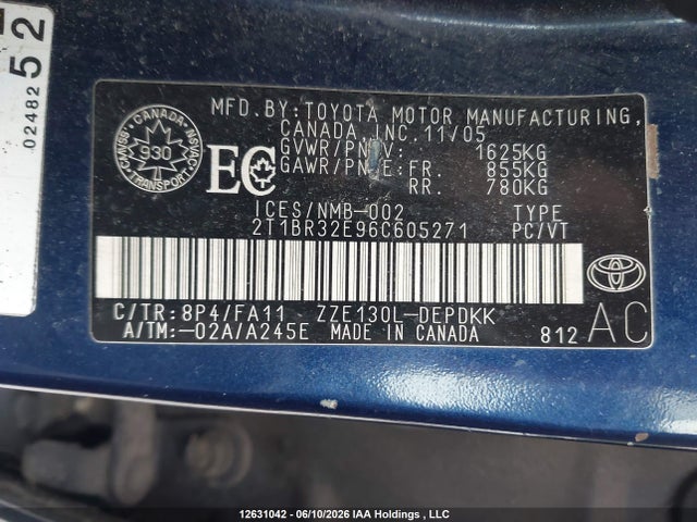 Продаж на аукціоні авто 2006 Toyota Corolla, vin: 2T1BR32E96C605271, номер лоту: 12631042