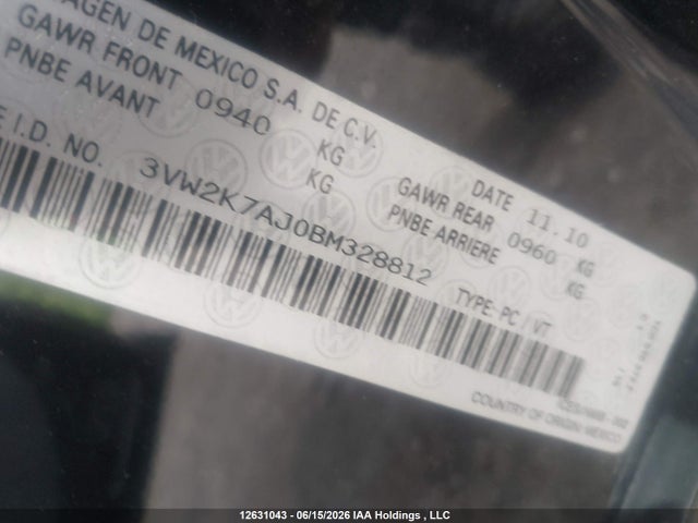 12631043 :رقم المزاد ، 3VW2K7AJ0BM328812 vin ، 2011 Volkswagen Jetta 2.0l Trendline/2.0l Trendline+ مزاد بيع