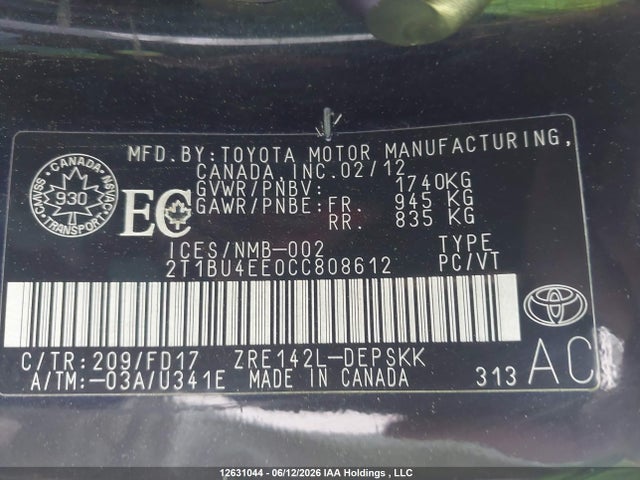 2012 Toyota Corolla მანქანა იყიდება აუქციონზე, vin: 2T1BU4EE0CC808612, აუქციონის ნომერი: 12631044