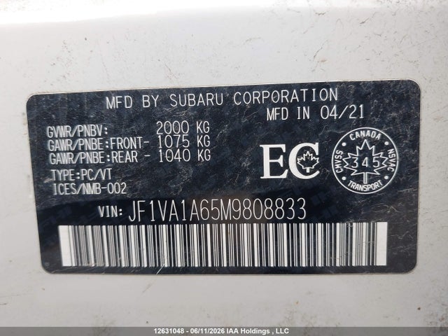 Продажа на аукционе авто 2021 Subaru Wrx, vin: JF1VA1A65M9808833, номер лота: 12631048