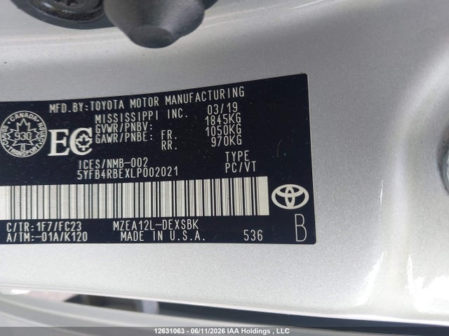 12631063 :رقم المزاد ، 5YFB4RBEXLP002021 vin ، 2020 Toyota Corolla Se/xse مزاد بيع