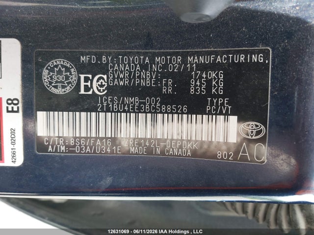Aukcja sprzedaży 2011 Toyota Corolla, vin: 2T1BU4EE3BC588526, numer aukcji: 12631069