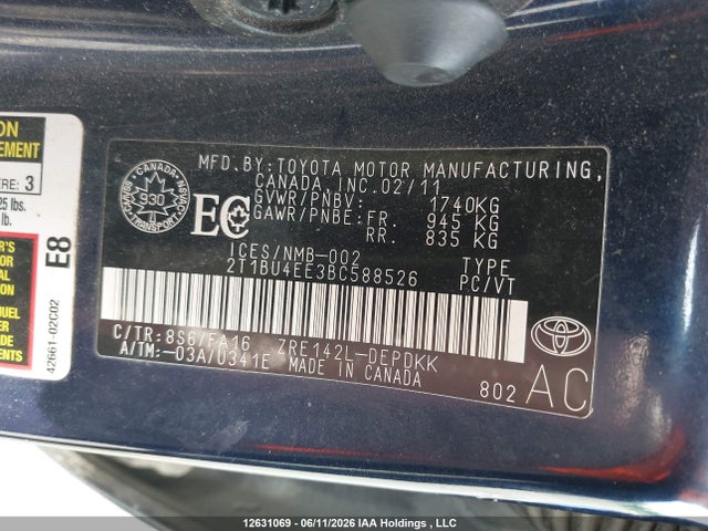 Aukcja sprzedaży 2011 Toyota Corolla, vin: 2T1BU4EE3BC588526, numer aukcji: 12631069