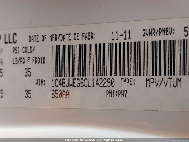 Продажа на аукционе авто 2012 Jeep Wrangler Unlimited Sahara, vin: 1C4BJWEG6CL142290, номер лота: 12631080