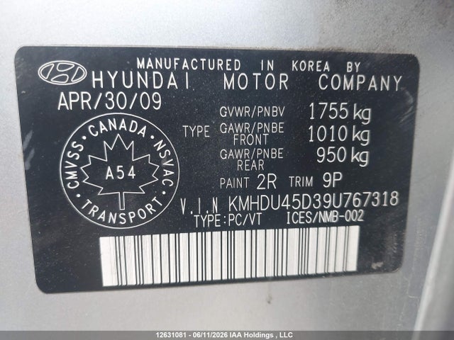 Aukcja sprzedaży 2009 Hyundai Elantra Gls/se, vin: KMHDU45D39U767318, numer aukcji: 12631081