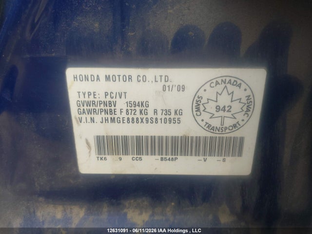 2009 Honda Fit Sport 5dr მანქანა იყიდება აუქციონზე, vin: JHMGE888X9S810955, აუქციონის ნომერი: 12631091