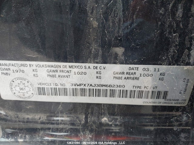 Продаж на аукціоні авто 2011 Volkswagen Jetta S/se, vin: 3VWPX7AJ3BM682380, номер лоту: 12631094