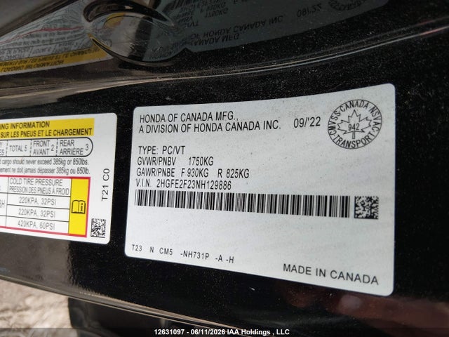 Продаж на аукціоні авто 2022 Honda Civic Lx, vin: 2HGFE2F23NH129886, номер лоту: 12631097