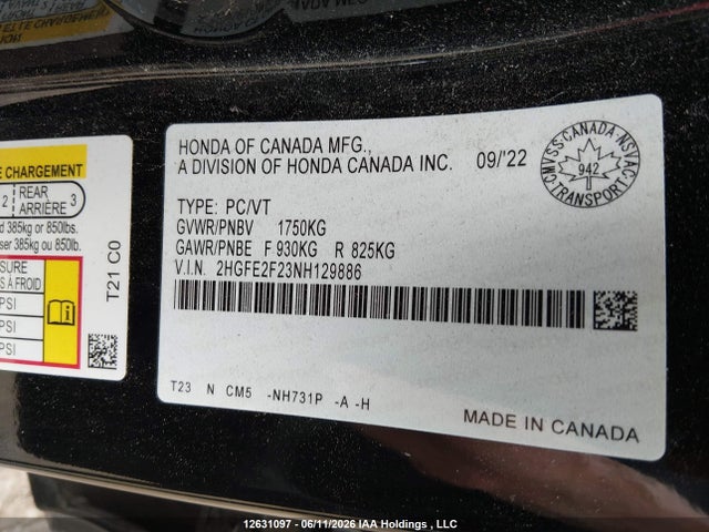 Продаж на аукціоні авто 2022 Honda Civic Lx, vin: 2HGFE2F23NH129886, номер лоту: 12631097