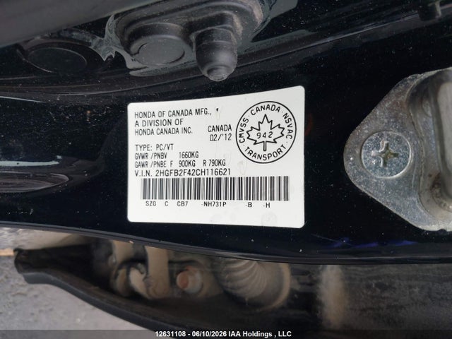 Продажа на аукционе авто 2012 Honda Civic, vin: 2HGFB2F42CH116621, номер лота: 12631108