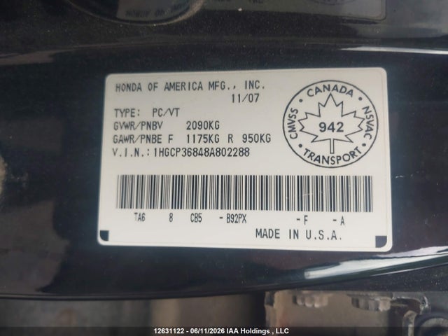 Aukcja sprzedaży 2008 Honda Accord Ex-l V6, vin: 1HGCP36848A802288, numer aukcji: 12631122