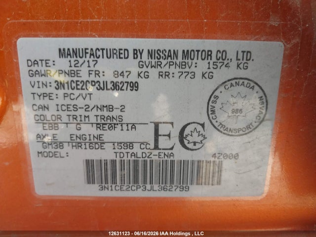 Продажа на аукционе авто 2018 Nissan Versa, vin: 3N1CE2CP3JL362799, номер лота: 12631123