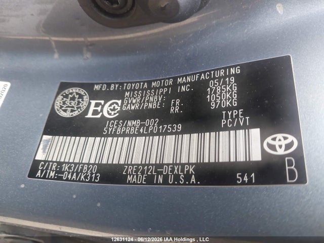 12631124 :رقم المزاد ، 5YFBPRBE4LP017539 vin ، 2020 Toyota Corolla مزاد بيع