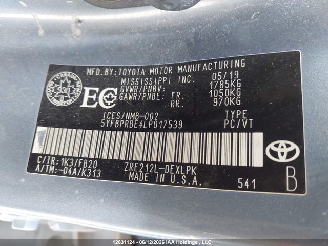 12631124 :رقم المزاد ، 5YFBPRBE4LP017539 vin ، 2020 Toyota Corolla مزاد بيع