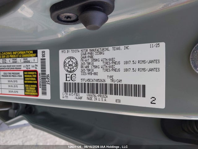 12631126 :رقم المزاد ، 5TFLA5EC6TX052626 vin ، 2026 Toyota Tundra Crewmax Sr5 مزاد بيع